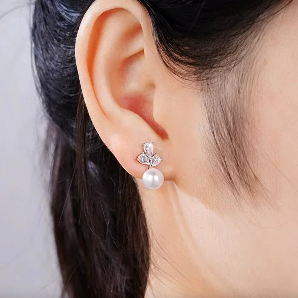 925 Sterling Silver Pearl Diamond Earrings Cute Pearl Studs_4